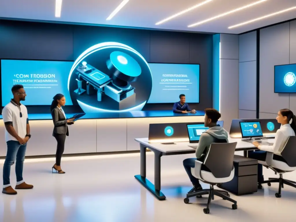 Estudiantes diversos colaboran en aula futurista con robots y tecnología educativa