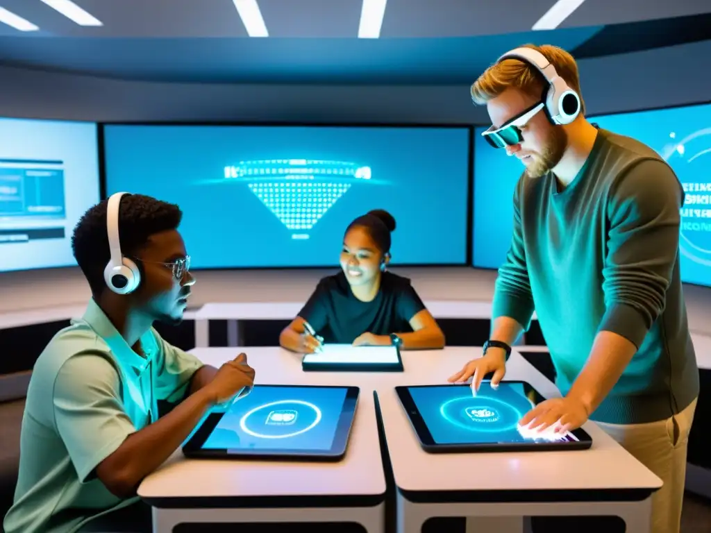 Aula del futuro: estudiantes interactúan con tecnología IoT Estudiantes interactúan en aula futurista con tecnología IoT en educación y aprendizaje