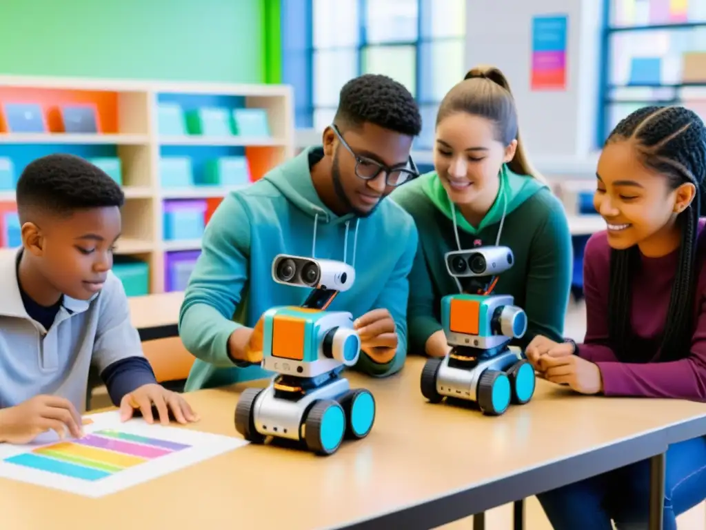 Estudiantes colaboran en aula, ensamblan robot y programan juntos