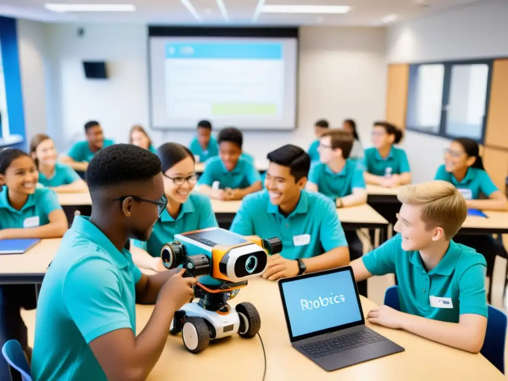 Estudiantes disfrutando de la gamificación en robótica en un aula moderna y colorida