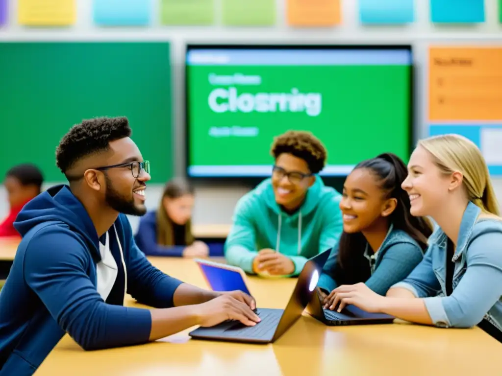 Estudiantes colaborando en un aula moderna y colorida, usando tecnología interactiva para mejorar la experiencia educativa con datos