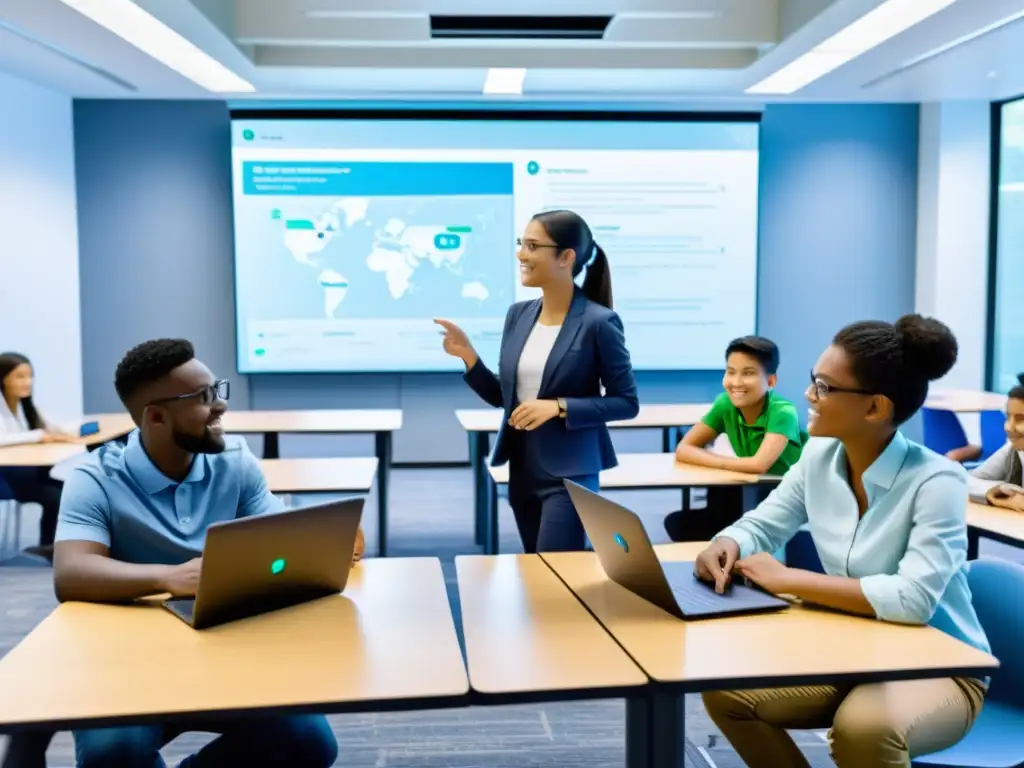 Aula del futuro: aprendizaje interactivo con IoT Estudiantes colaborando en un aula moderna, utilizando dispositivos IoT en educación y aprendizaje, con entusiasmo y compromiso