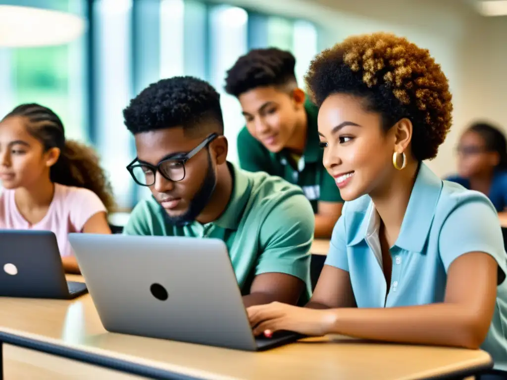 Estudiantes colaborando en aula moderna, simbolizando la importancia de la igualdad en el acceso tecnológico en la educación