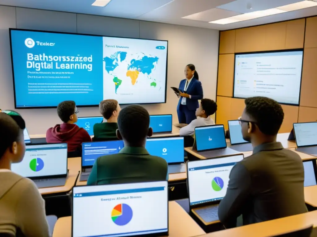 Estudiantes en aula con personalización educativa utilizando Big Data, tecnología y luz natural