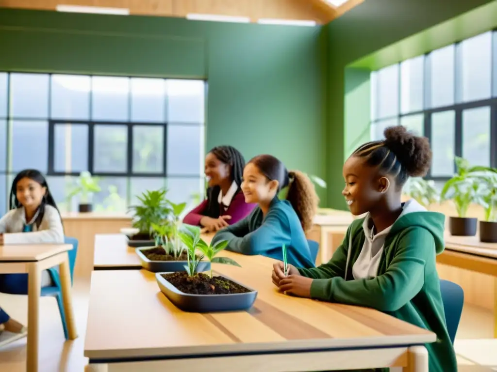 Estudiantes colaborando en un aula sostenible, promoviendo innovación y educación con energía renovable y materiales ecofriendly