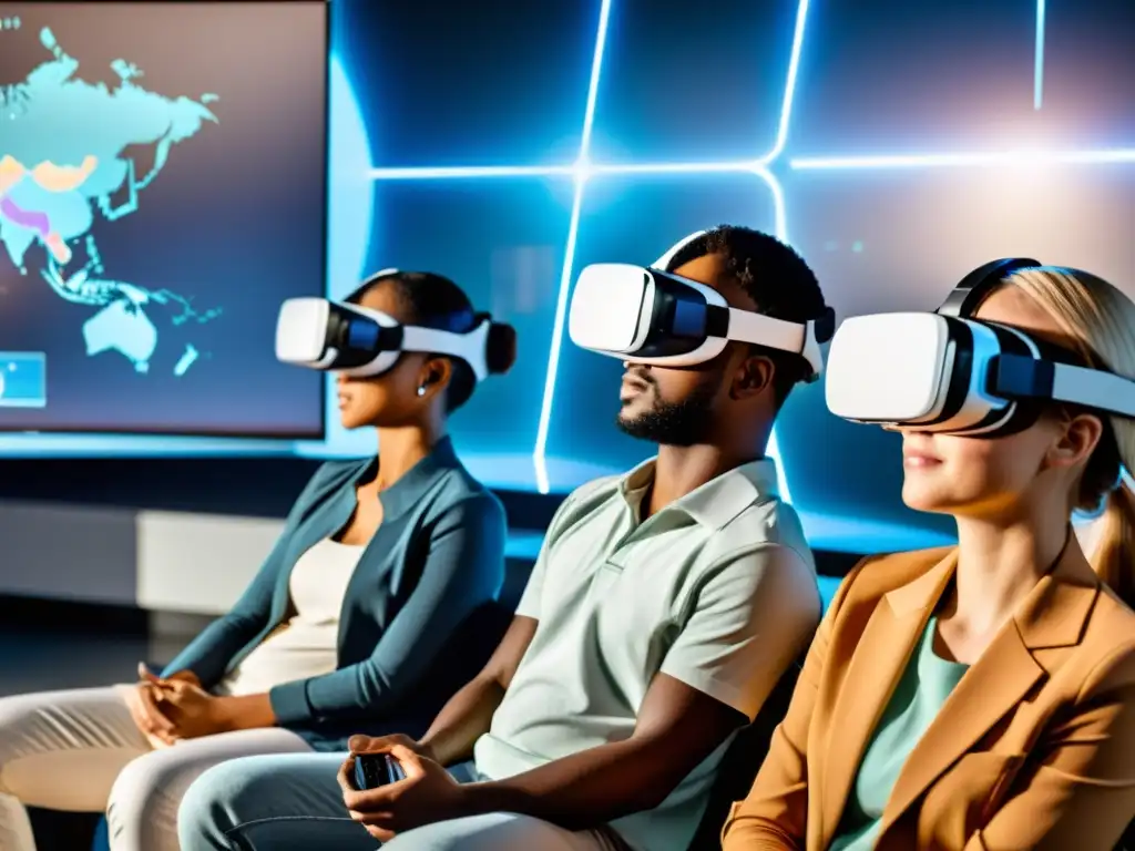 Estudiantes diversos interactúan en aula virtual con tecnología futurista y herramientas interactivas, guiados por maestro en Realidad Virtual en Educación a Distancia