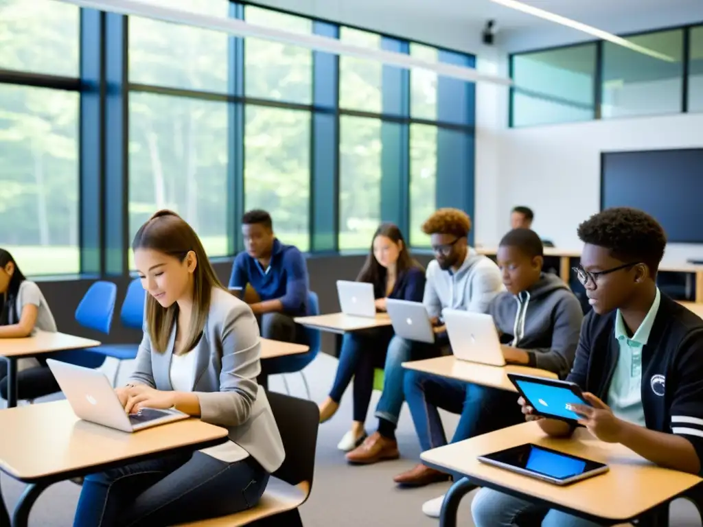 Estudiantes colaborando en aulas con tecnología para fomentar pensamiento crítico