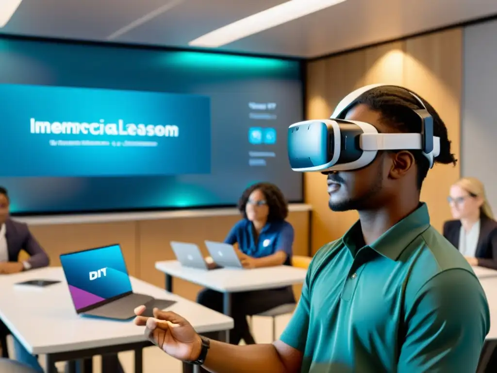 Estudiantes diversos usan auriculares de realidad virtual en aula futurista, resaltando democratización educación IoT tecnologías emergentes