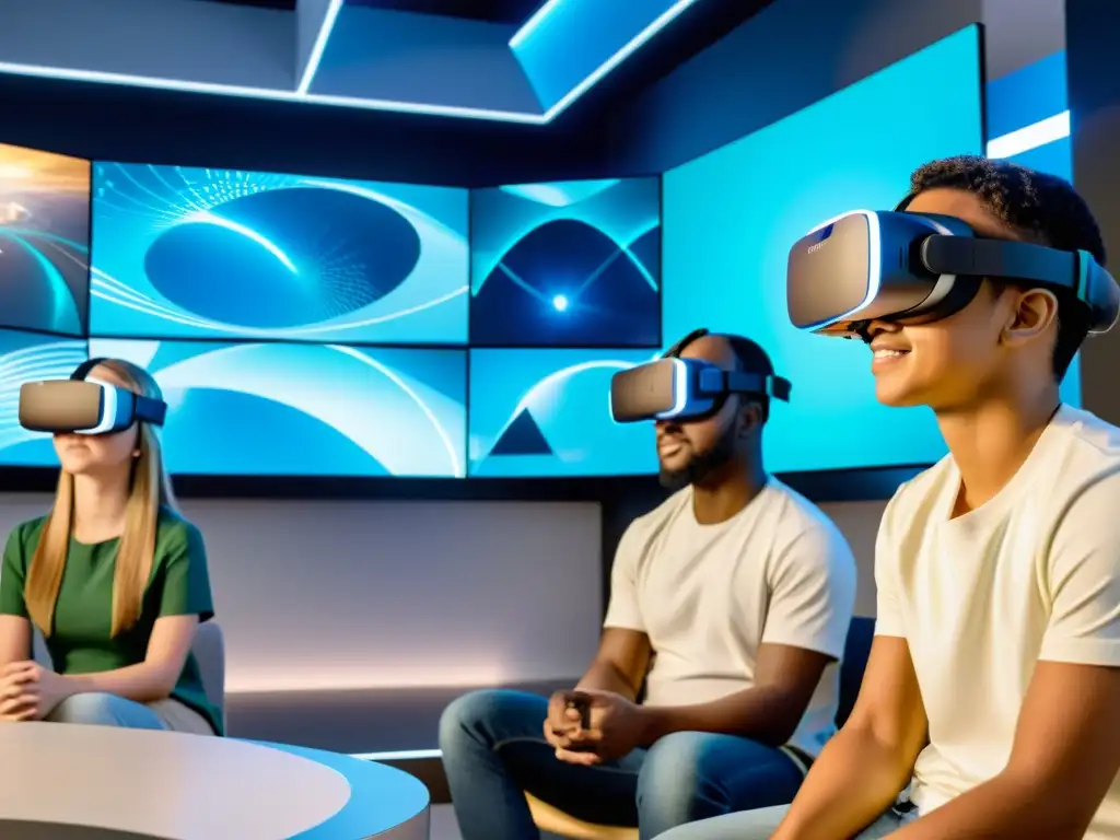 Estudiantes diversos usan auriculares de realidad virtual en aula futurista con pantallas holográficas