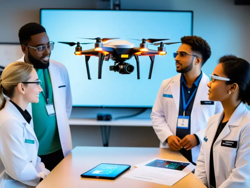 Estudiantes con batas y gafas de seguridad discuten alrededor de un dron con sensores científicos y datos en pantalla