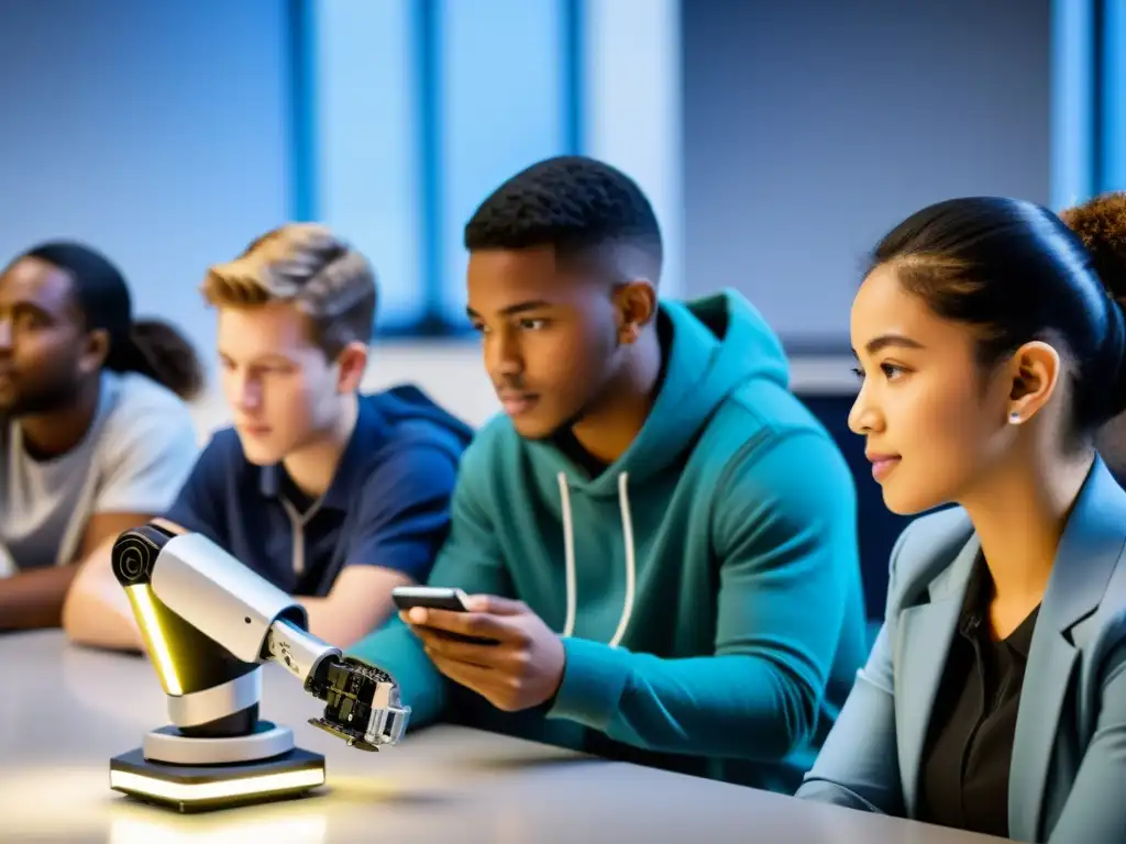 Estudiantes colaborando y programando un brazo robótico en un aula moderna, transmitiendo responsabilidad en la robótica educativa