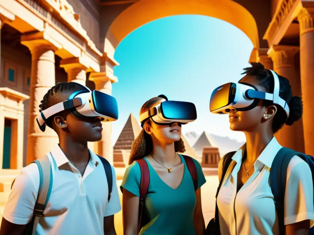 Estudiantes explorando una civilización antigua en viajes virtuales educativos en realidad virtual