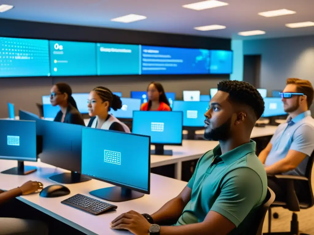 Estudiantes participando en una clase de ciberseguridad virtual con tecnología educativa moderna