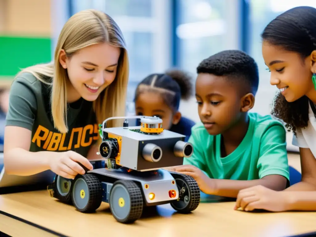 Estudiantes colaborando en la construcción y programación de un robot en un aula moderna y bien iluminada