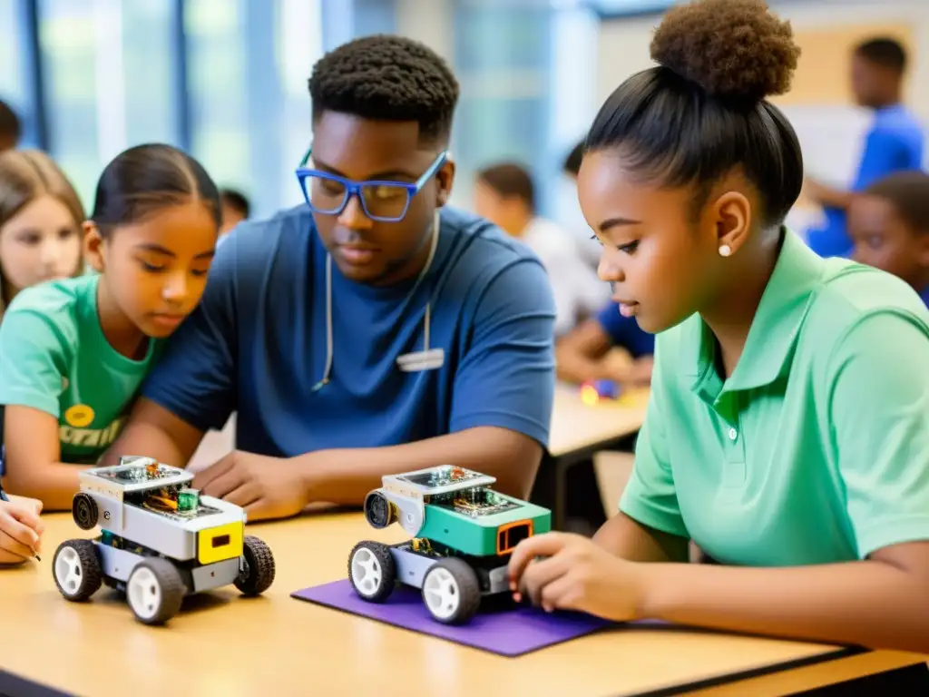 Estudiantes colaborando en la construcción y programación de robots en aula bien equipada, reflejando la medición de resultados en robótica educativa