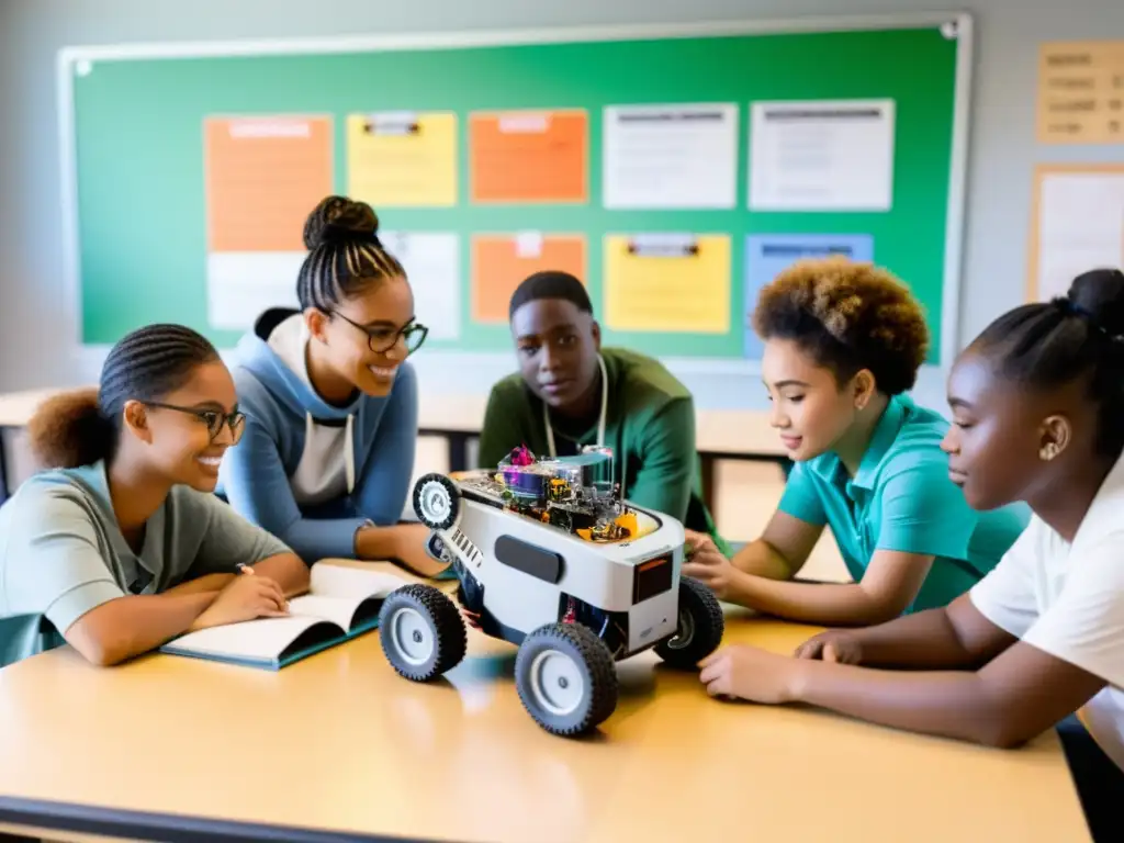 Estudiantes diversos colaboran en la construcción y programación de robots en un aula moderna, resaltando la importancia de la diversidad en robótica educativa