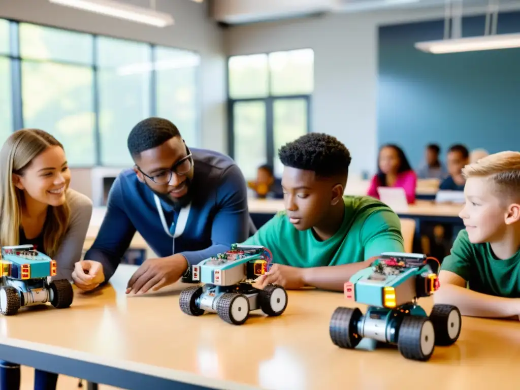 Estudiantes colaboran en la construcción y programación de robots en aula moderna con luz natural