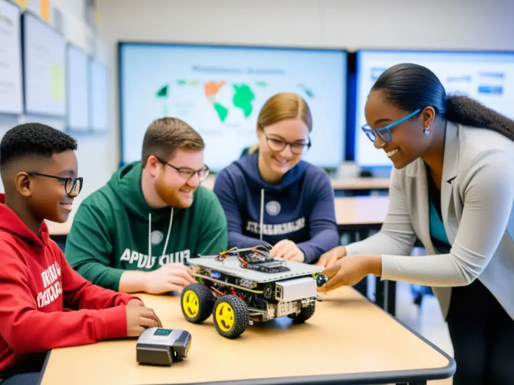 Estudiantes con discapacidad crean robot en clase inclusiva Estudiantes de diversa habilidad colaboran en un proyecto de robótica en un aula iluminada, utilizando tecnología adaptativa
