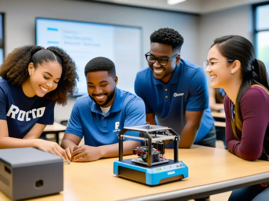 Estudiantes diversificados trabajan en proyectos de robótica en un aula moderna, con tecnología avanzada y un ambiente de aprendizaje transformador