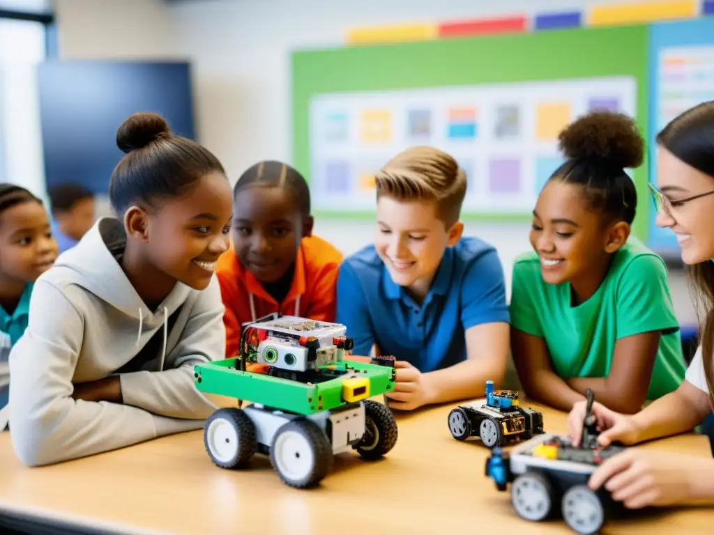 Estudiantes diversificados construyen y programan robots en un aula moderna y luminosa