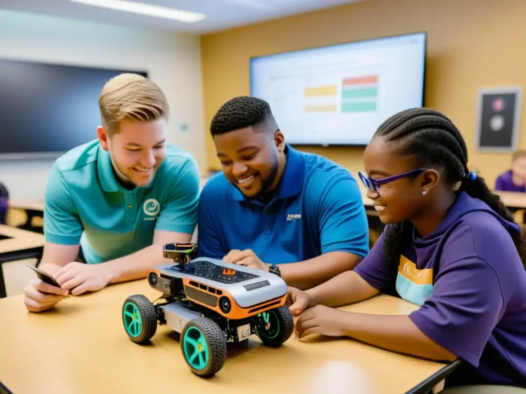 Estudiantes diversos colaborando en proyecto de robótica inclusiva Estudiantes diversos en aula de educación especial trabajando en proyecto de robótica con tecnología adaptativa