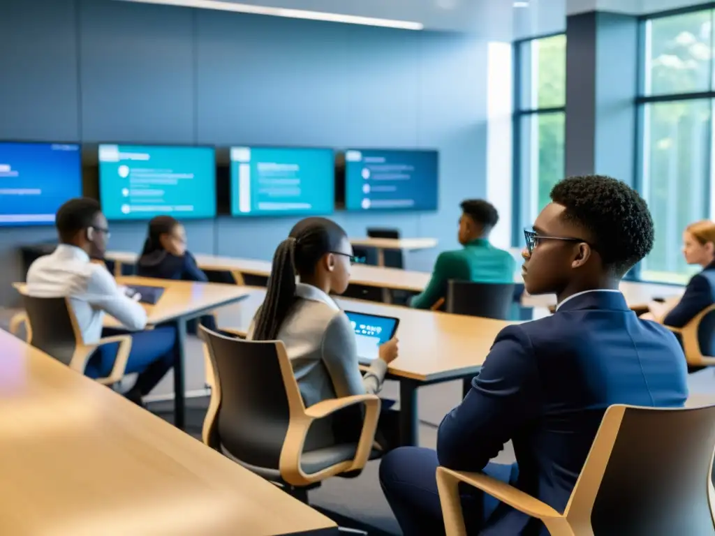 Estudiantes diversos en aula moderna enfocados en protección de datos en educación digital