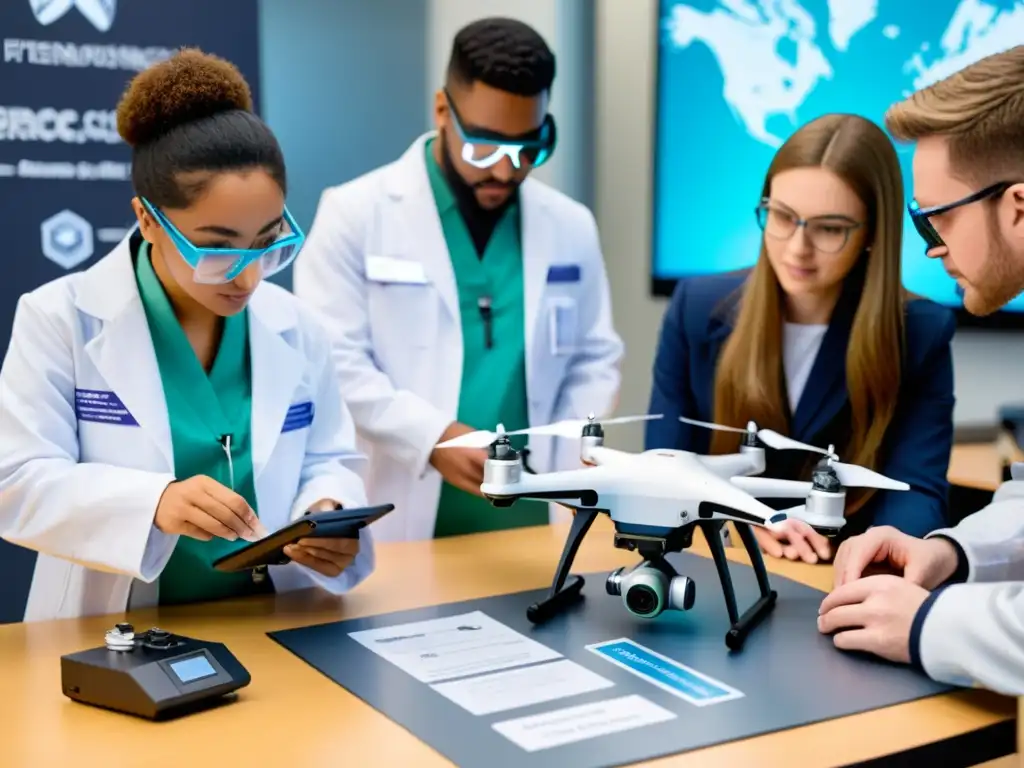 Estudiantes diversos ensamblan drones educativos para enseñanza científica en un aula futurista