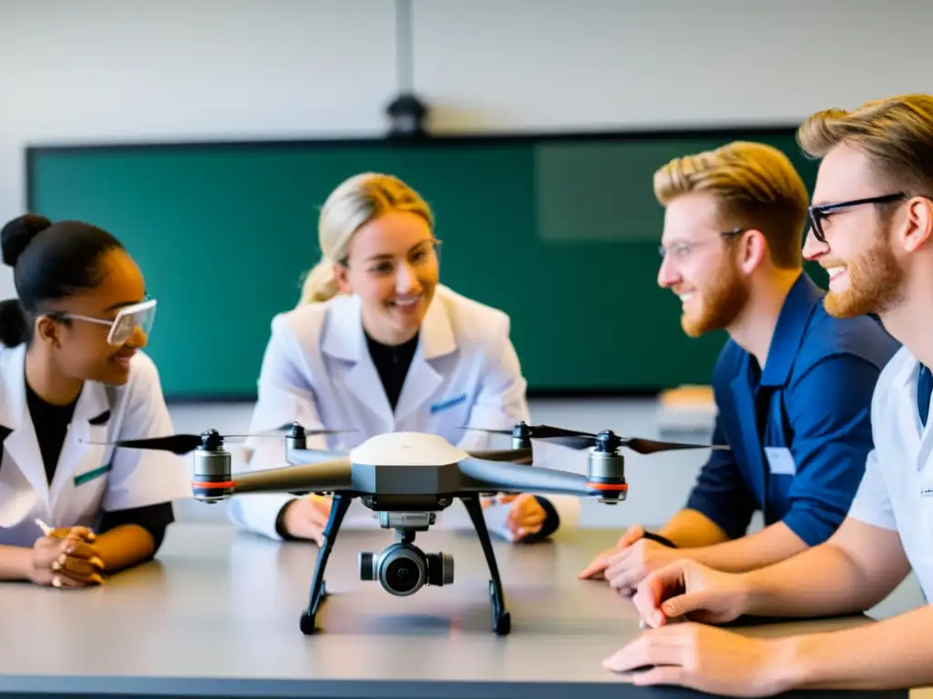 Estudiantes usando drones educativos para enseñanza científica, recopilando datos ambientales en un aula moderna