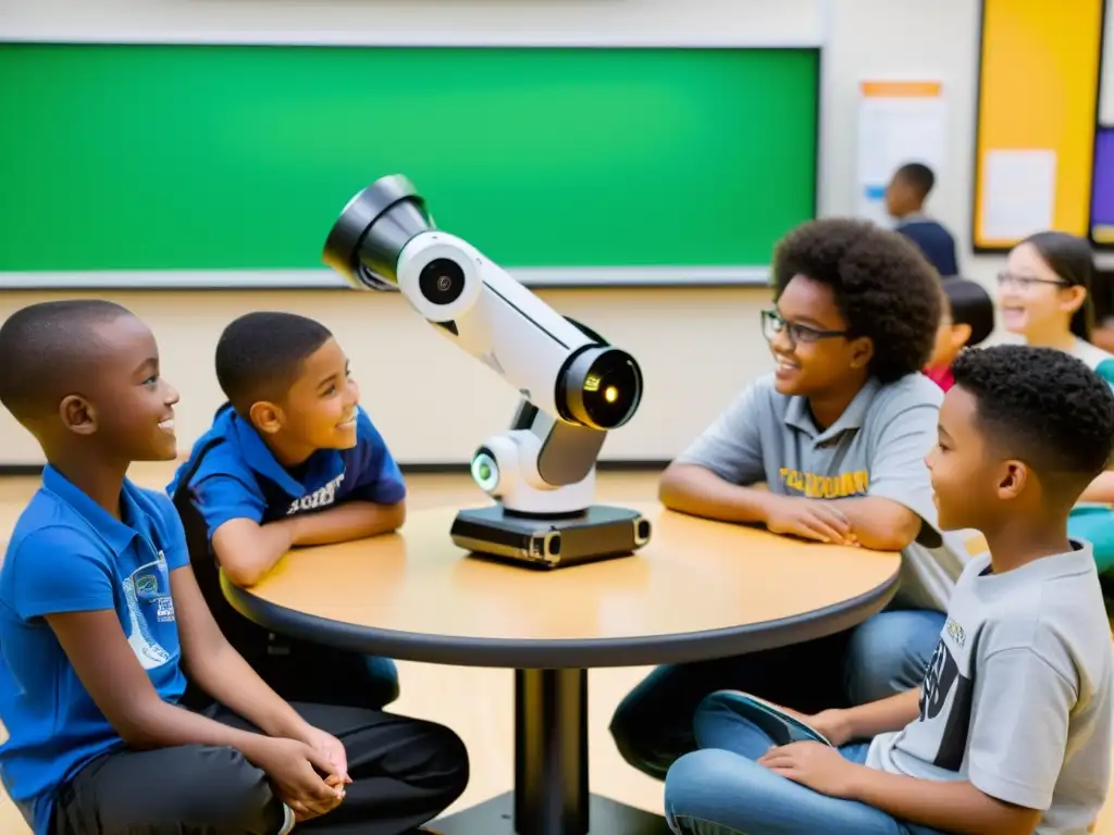 'Estudiantes de diferentes edades colaboran en actividad de robótica en un aula moderna, reflejando la importancia de la robótica en STEM'