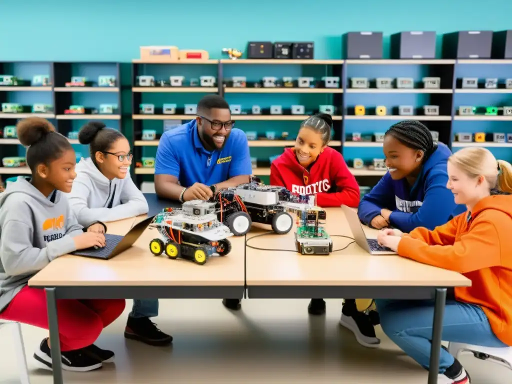 Estudiantes de diferentes edades trabajan juntos en kits de robótica en un aula moderna y colorida