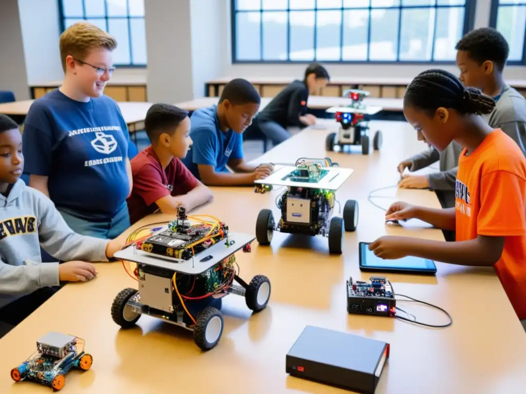 Estudiantes de diferentes edades colaboran en proyectos de robótica en un aula moderna, transmitiendo innovación y aprendizaje práctico en transformación escuelas robótica educativa