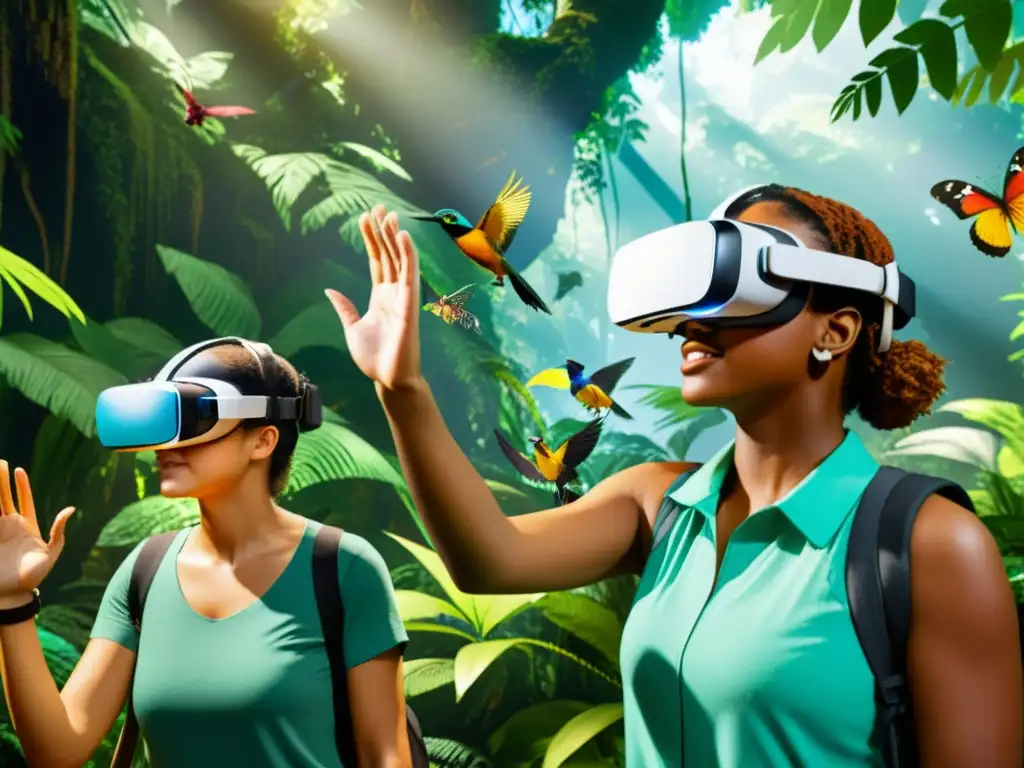 Estudiantes emocionados exploran un exuberante bosque virtual en realidad virtual educación ambiental