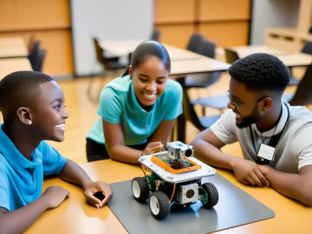 Estudiantes entusiasmados construyendo un robot en clase, reflejando la robótica educativa para estimular innovación