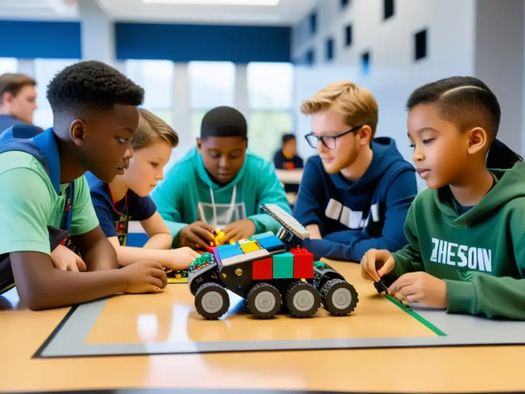 Estudiantes entusiasmados armando robots en clase de robótica educativa para estimular innovación