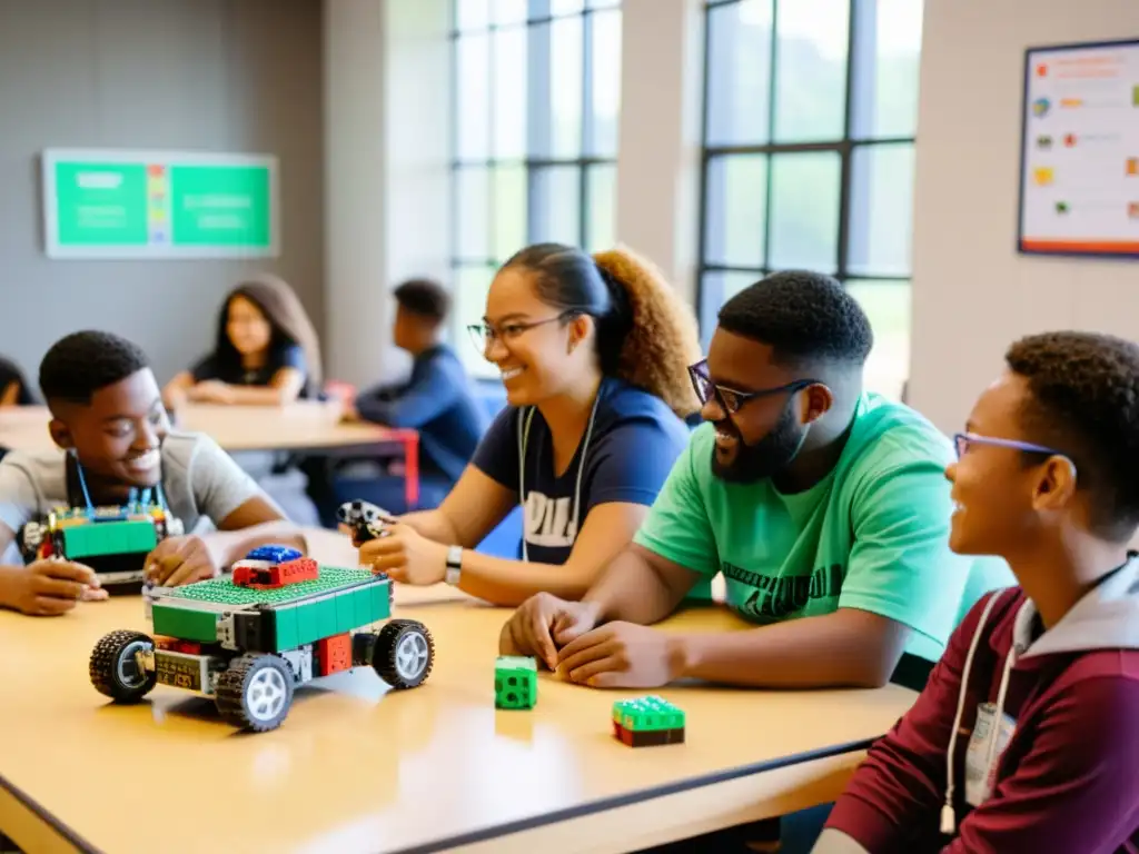 Estudiantes entusiastas trabajando juntos en robots educativos con bloques coloridos y componentes electrónicos