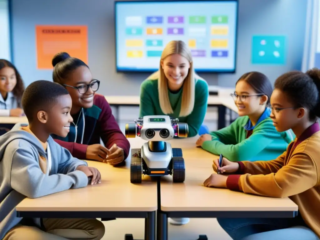 Estudiantes entusiastas ensamblan y programan robots en un aula moderna, demostrando estrategias efectivas de enseñanza robótica