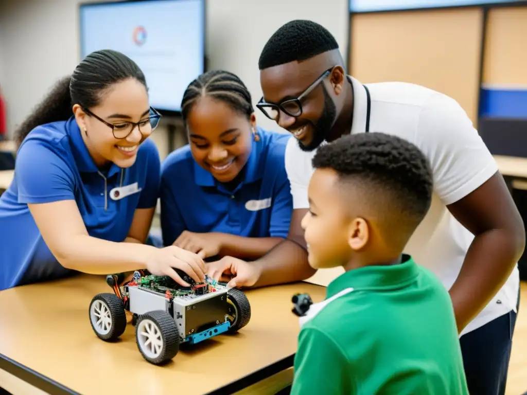 Proyecto de robótica inclusivo para estudiantes con necesidades especiales Estudiantes de educación especial trabajan unidos en proyecto de robótica, mostrando inclusividad y adaptabilidad con tecnología educativa