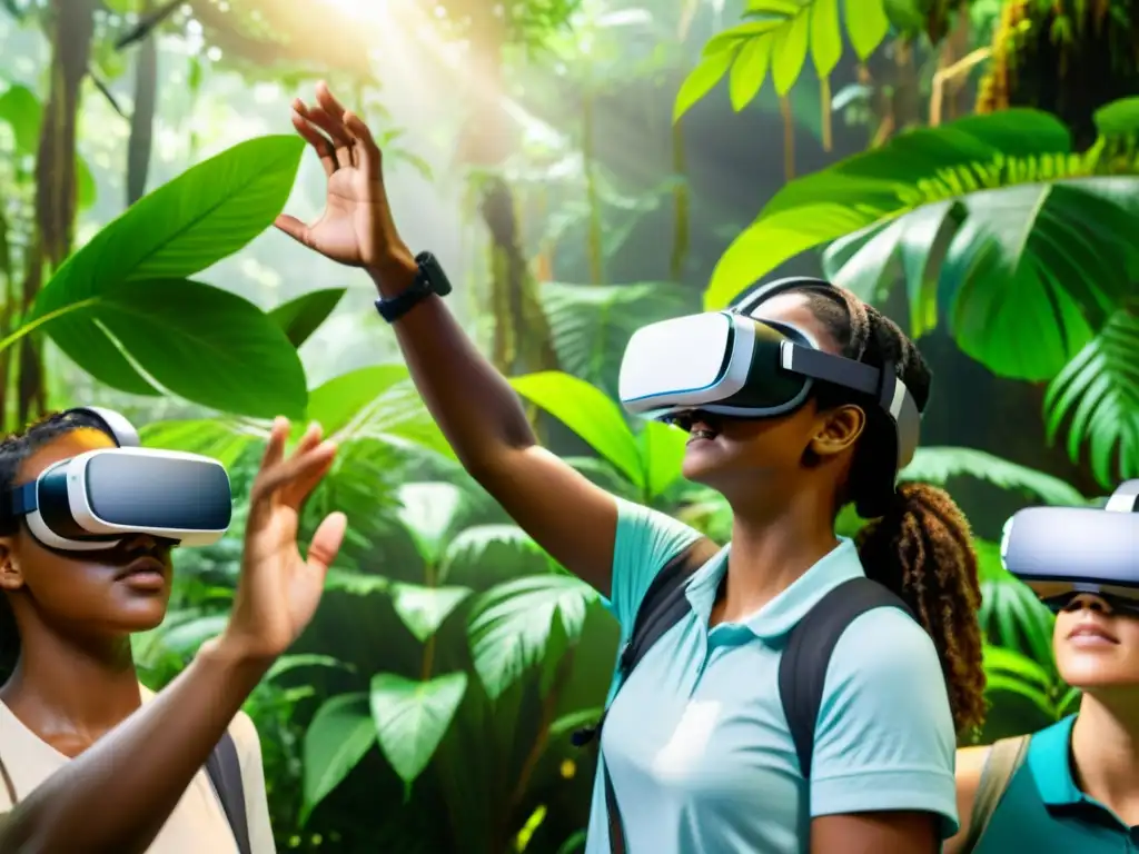 Estudiantes disfrutan de una experiencia educativa inmersiva en la selva con realidad virtual educación ambiental