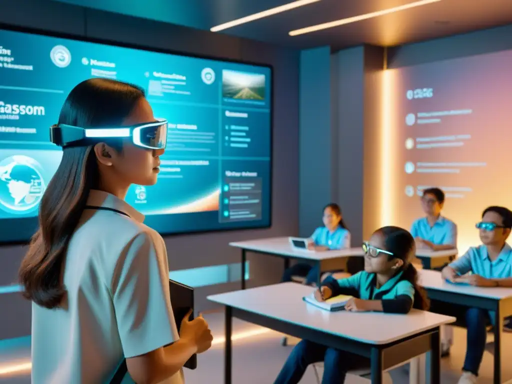 Aula del futuro: educación interactiva con hologramas y 5G Estudiantes con gafas AR interactúan en aula futurista con proyecciones holográficas, destacando el potencial transformador 5G educación distancia