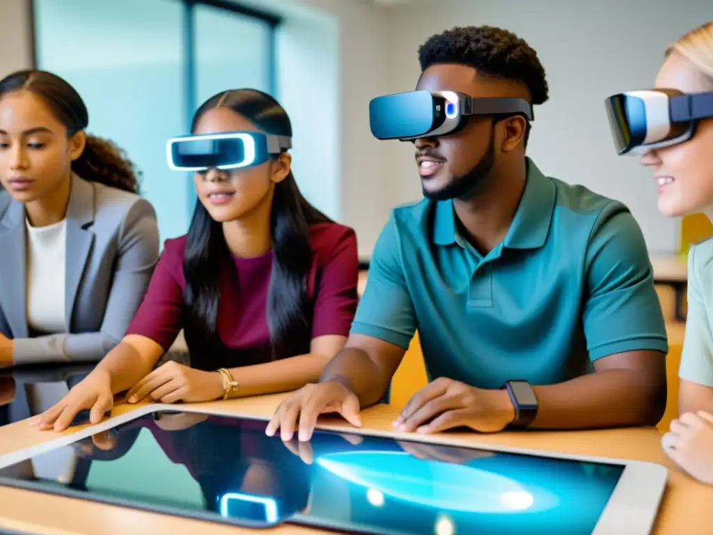 Estudiantes usando gafas de realidad aumentada en un aula futurista, participando en una emocionante actividad de aprendizaje colaborativo