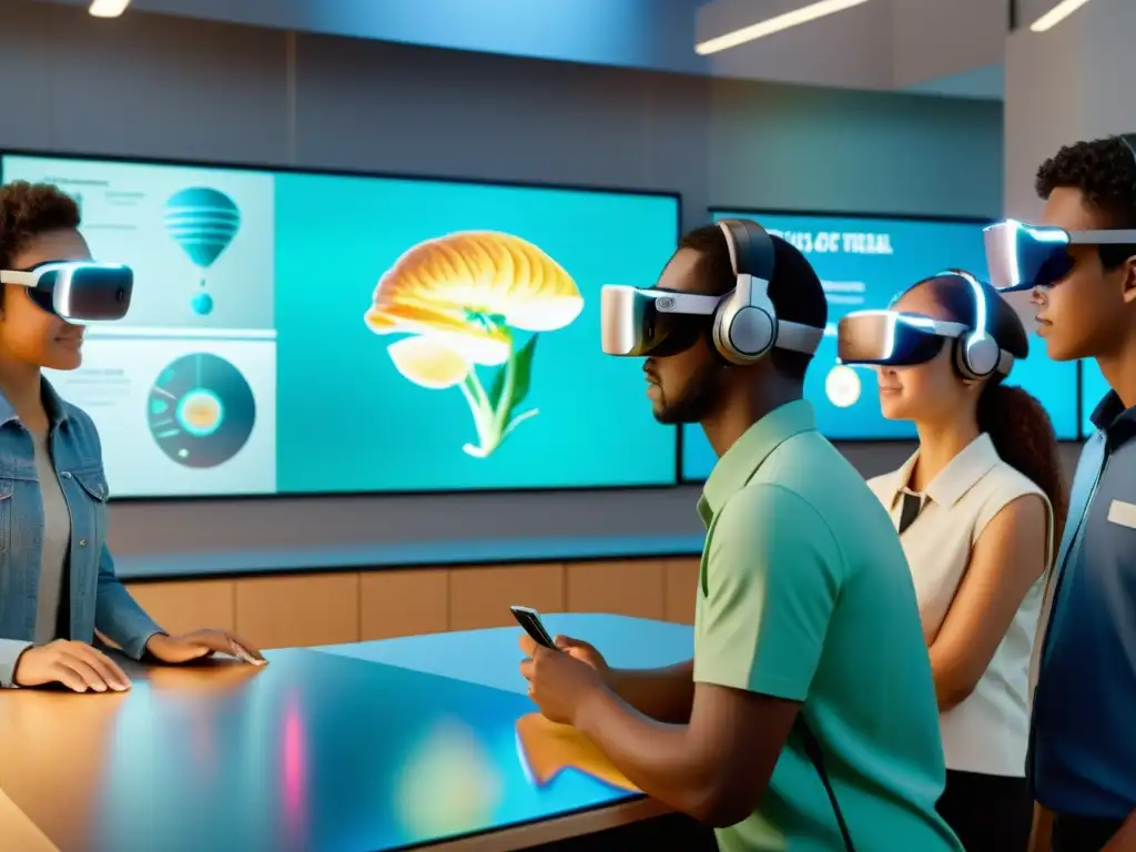 Inmersión educativa: estudiantes interactúan con realidad aumentada Estudiantes interactúan con hologramas de anatomía, historia y ciencia en un aula futurista