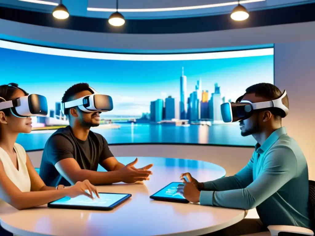 Estudiantes inmersos en aula virtual 5G Estudiantes inmersos en aula virtual 5G con hologramas y herramientas de aprendizaje interactivas