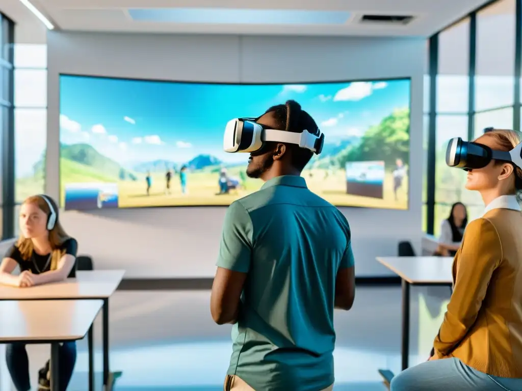 Estudiantes inmersos en simulaciones educativas de realidad virtual, en un aula moderna y luminosa