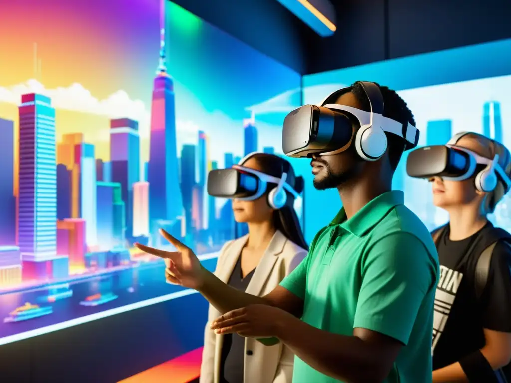 Estudiantes jóvenes inmersos en realidad virtual explorando una ciudad futurista, fomentando el desarrollo cognitivo en jóvenes con realidad virtual