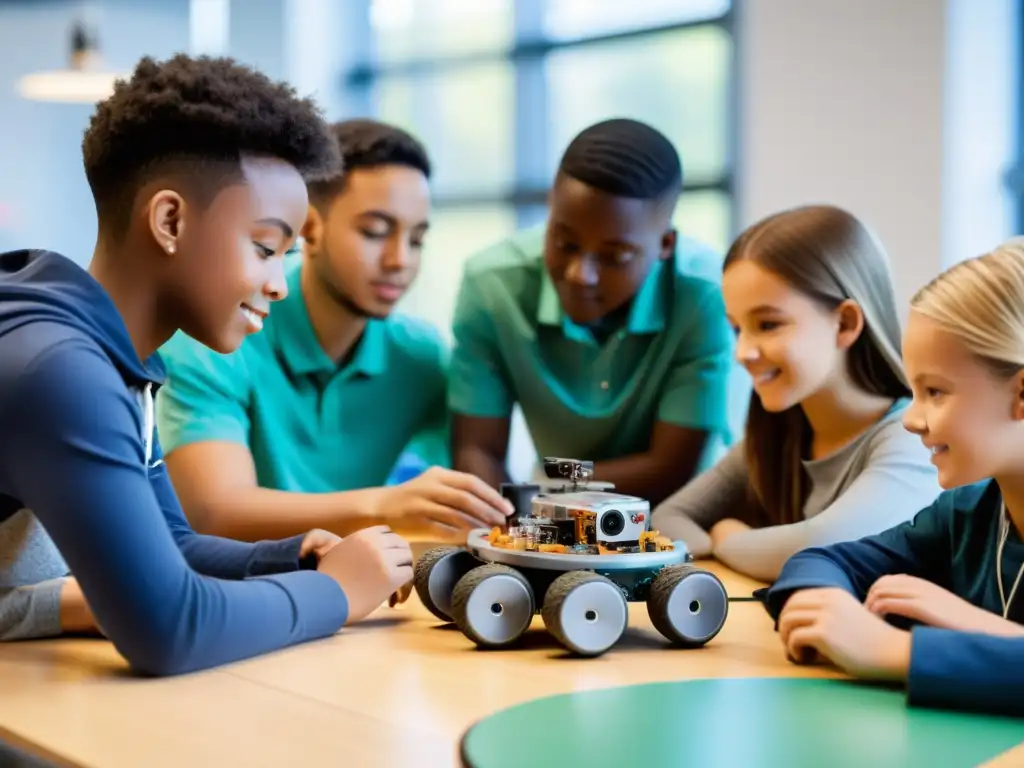 Estudiantes trabajando juntos para construir y programar robots en un aula futurista