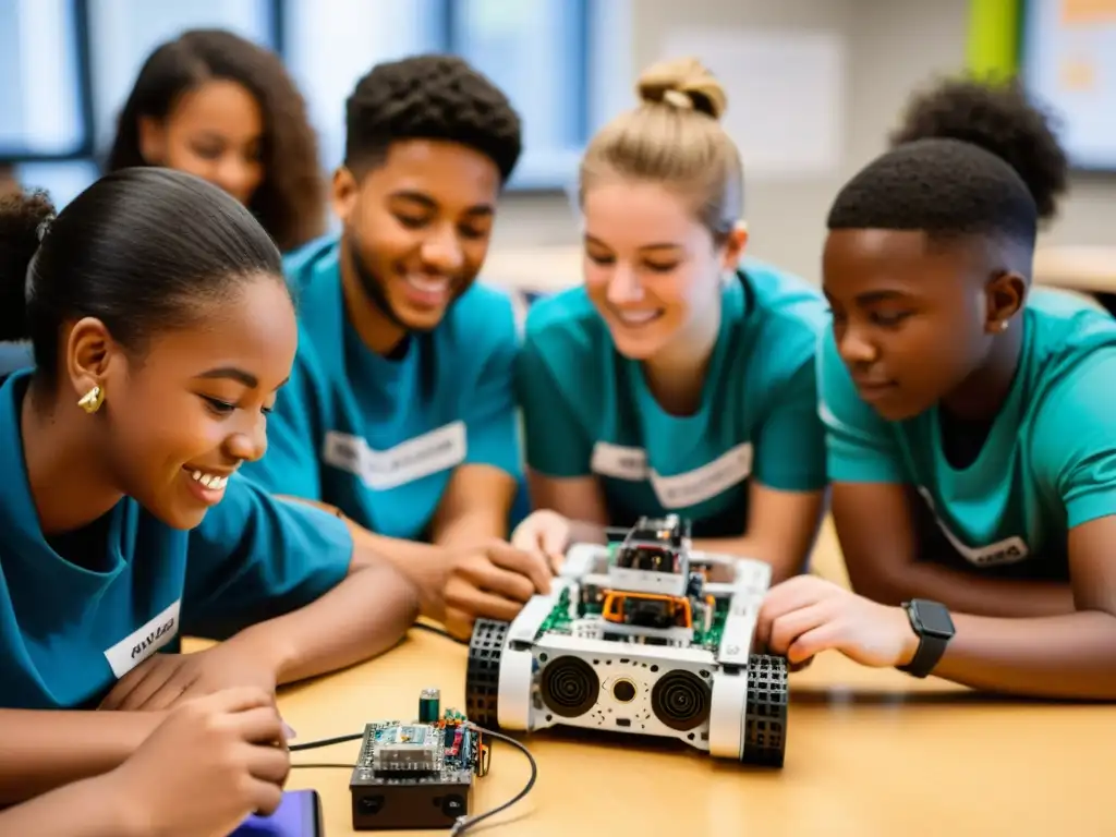 'Estudiantes colaborando en kits de robótica en un aula moderna