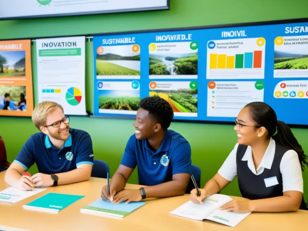 Estudiantes y maestros colaborando en proyectos de innovación sostenible en un aula moderna y luminosa, con tecnología de vanguardia y materiales ecológicos