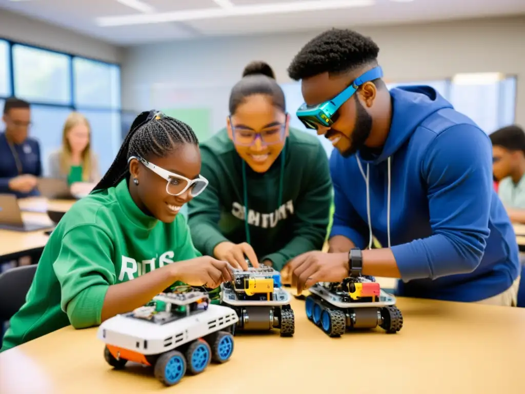 Estudiantes colaborando en montaje y programación de robots, destacando la importancia de mejores prácticas seguridad robótica educativa