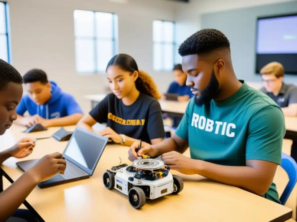 Estudiantes colaboran en programación de un brazo robótico en aula luminosa y espaciosa, con herramientas y laptops