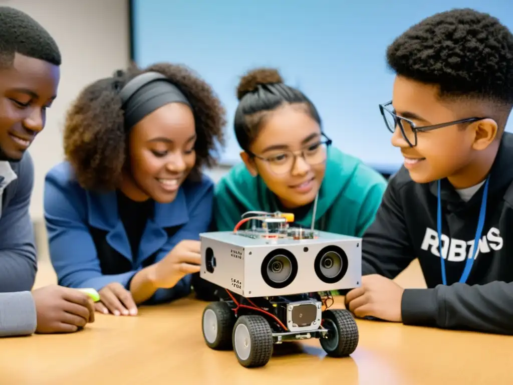 Estudiantes colaboran en la programación de un robot en aula tecnológica, reflejando innovación y aprendizaje activo en educación